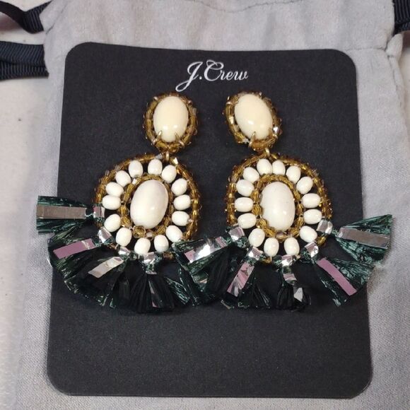 J. Crew Cream and Dark Green Fringe Earrings - Picture 1 of 3
